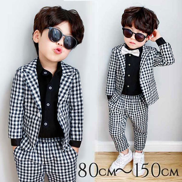 Rakuten - 送料無料 キッズスーツ ボーイ 子供服 男の子 子供スーツ カジュアルスーツ ピアノ発表会 長袖 ジャケット ブラック チェック ギンガムチェック 卒業式 卒園式 入園式 入学式 フォーマル 結婚式 合唱 舞台衣装 ジュニア 上下セット おしゃれ 80 90 100 110 120 130 140 150