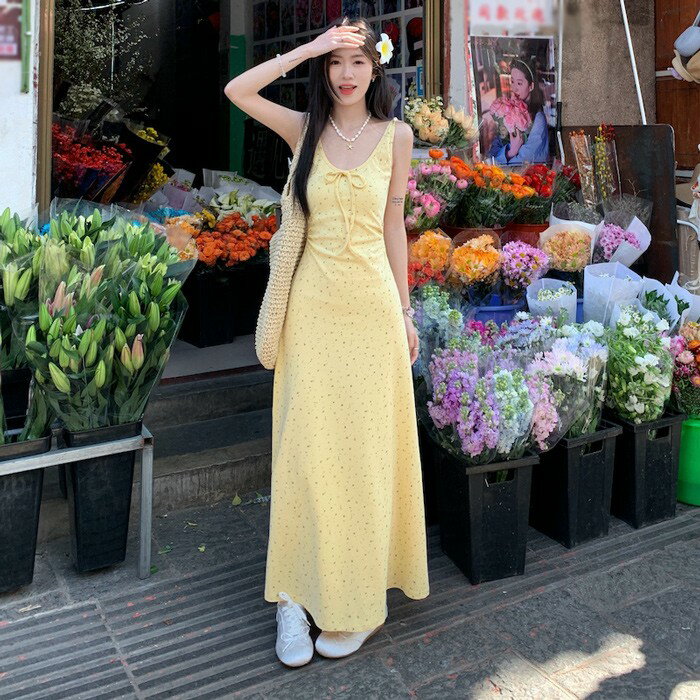 リゾートワンピース キャミソール 沖縄 大人 イエロー 可愛い 夏 ロングワンピース ハワイ リゾートワンピ ハワイアン 沖縄 体型カバー 七五三 成人式 卒業式 入学式 Aライン 春夏おうち マキシ丈 無地 おしゃれ 韓国 ドレープ S M L be224zbzbm6