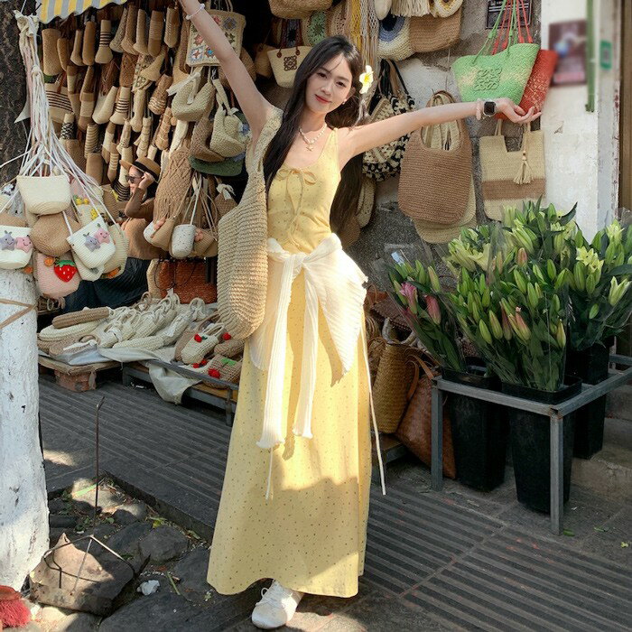 リゾートワンピース キャミソール 沖縄 大人 イエロー 可愛い 夏 ロングワンピース ハワイ リゾートワンピ ハワイアン 沖縄 体型カバー 七五三 成人式 卒業式 入学式 Aライン 春夏おうち マキシ丈 無地 おしゃれ 韓国 ドレープ S M L be224zbzbm6