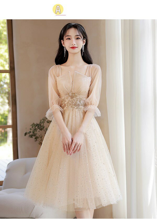 ブライズメイド ドレス ミモレ丈 シャンパン 袖付き 二次会 大きいサイズ 結婚式 ...