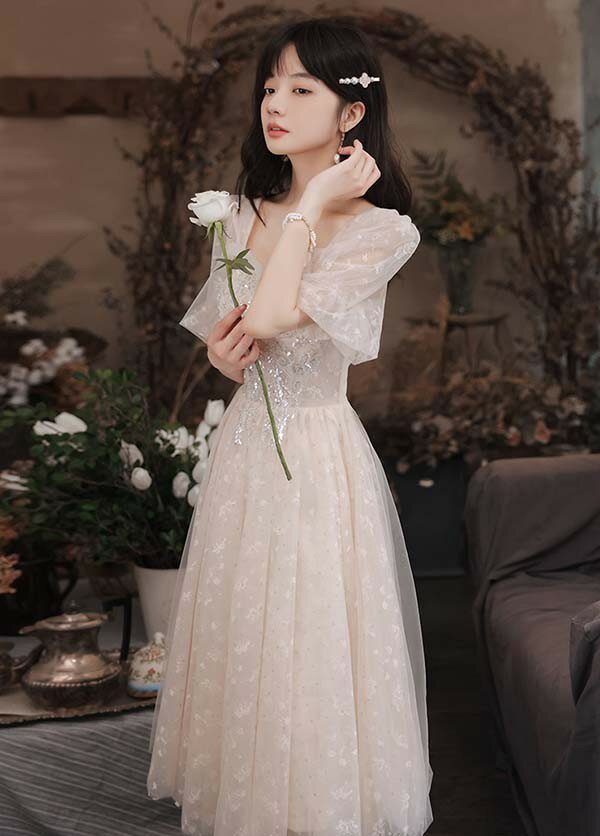 レディース　中華ドレス　中国ドレス　チャイナドレス　綺麗　オシャレ　パーティー　披露宴　上品 シャンパン ピンク ママ ウェディングドレス 夏 ハイエンド ハッピー 義母 ドレス Vネック