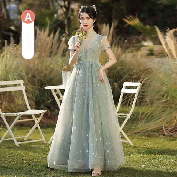 ブライズメイド ドレス ロング丈 袖付き フリル 透明感あり オフショルダー パフス...