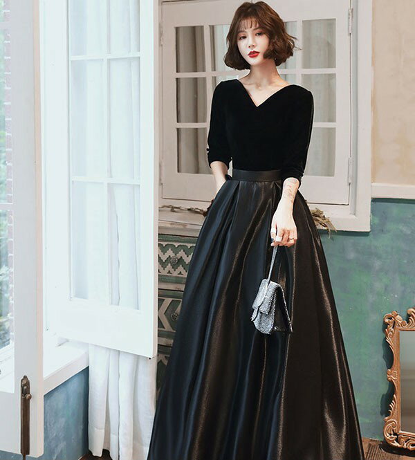 ドレス 大人 ピアノ発表会 ドレス 演奏会 結婚式 袖付き ミセス向けドレス イブニングドレス フェミニン パーティードレス ロングドレス 5分袖 袖あり お呼ばれ 20代 30代 可愛い フェミニン 黒 SS S M L LL 3L 4L dv052zezet2