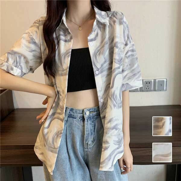 トップス シャツ タイダイ柄 レディース シフォン おしゃれ 透け感 大人かわいい 半袖 ベージュ グレー ml029zezet2