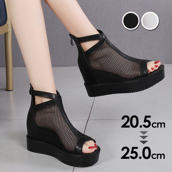 ブーツサンダル ウェッジソール インヒール PU メッシュ レディース サマーブーツ 厚底 オープントゥ 後ファスナー付き 美脚 おしゃれ ブラック ホワイト 20.5~25.0 di006zuzum4
