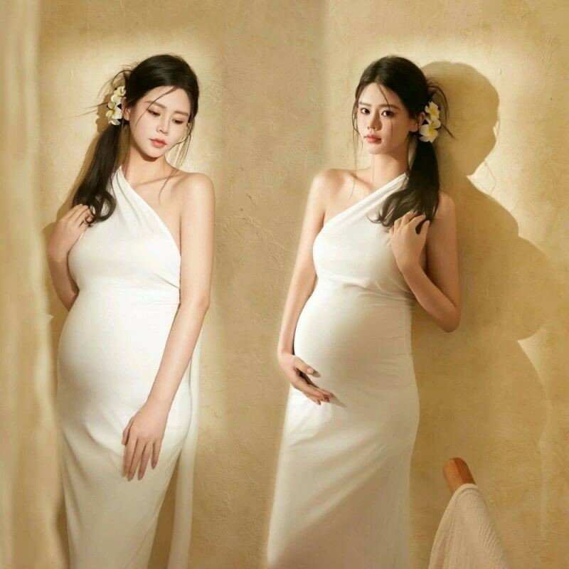 Rakuten - マタニティフォト 衣装 ドレス ワンショルダー タイトフィット ロング 白 ホワイト 妊婦服 撮影 ギリシャ風 女神 グラマラス エレガント ショール付き