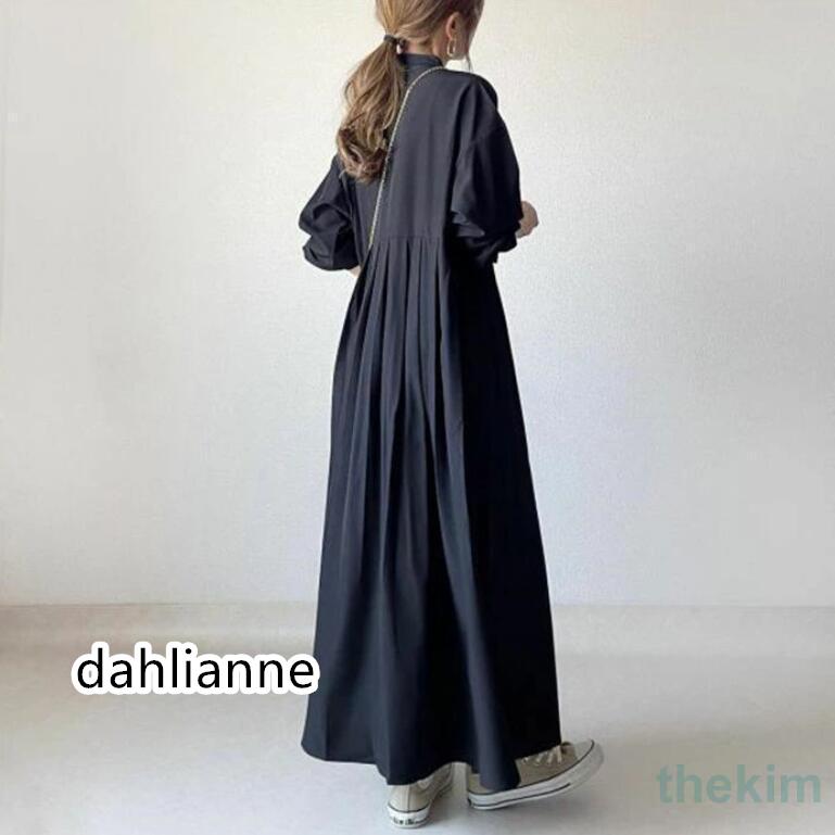 ワンピース マキシワンピース レディース 長袖 春 秋 無地 シャツワンピース 立ち襟 Aライン フレア ワンピース 大きいサイズ 着痩せ ゆったり 体型カバー