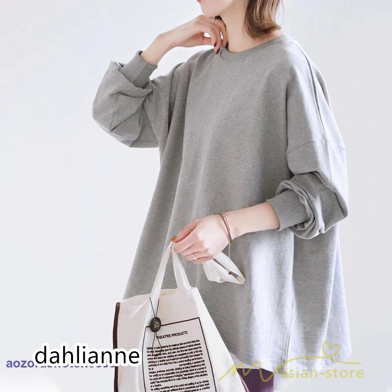 ボーダー＆無地ビッグプルオーバー レディース トップス Tシャツ オーバーサイズ トレーナー 長袖 ゆったり ロングT 20代30代40代 シンプル 可愛い