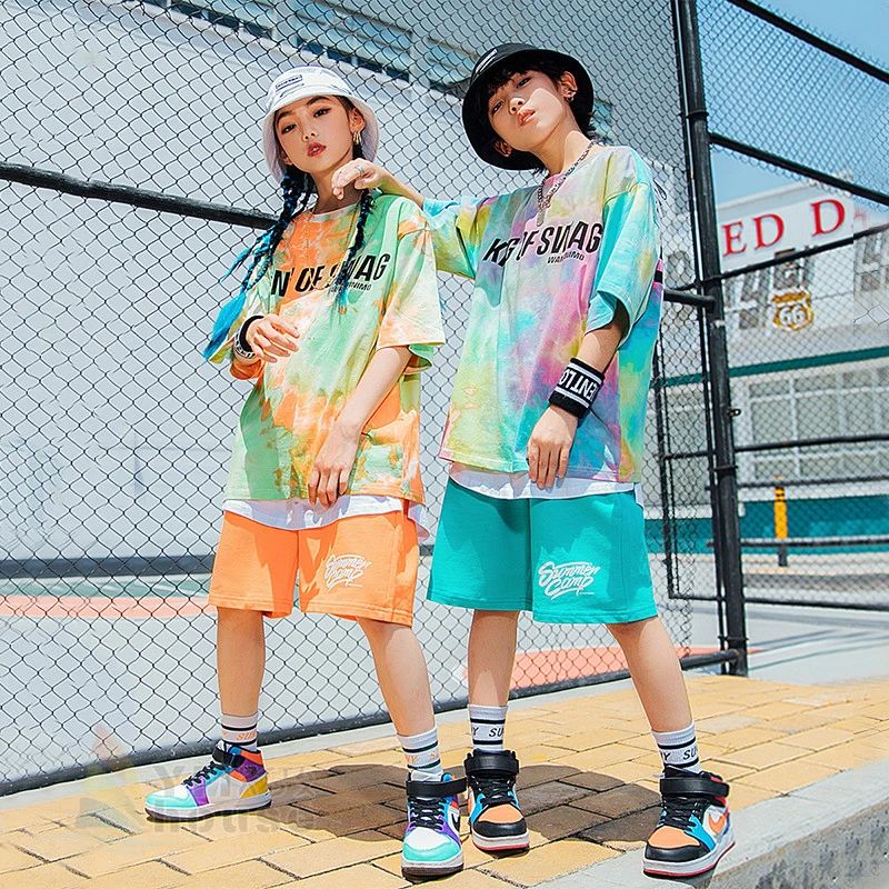 ダンス衣装 キッズ ヒップホップ 派手 セットアップ 子供 HIPHOP 女の子 男の子 韓国 ファション タイダイ染め Tシャツ 半袖 ハーフパンツ 発表会 演出服 イベント 男女兼用 ストリート 120-170