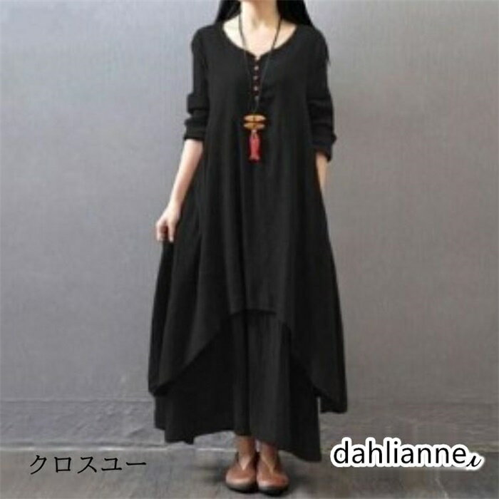 乐天商城 - ワンピース ロングワンピース 麻綿ワンピース Aラインワンピース レイヤード風 ゆったりワンピース シンプル 無地