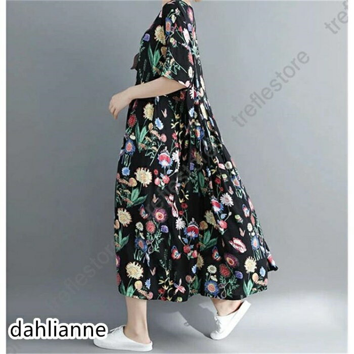 ワンピース ロングワンピース コットン 綿 花柄 総柄 プリント リゾート 半袖 大きいサイズ カジュアル 大人 春 夏 ゆったり 体型カバー おしゃれ