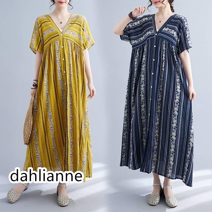 Rakuten - ロングワンピース レディース ワンピース ロング丈 花柄 Vネック ゆったり 大きいサイズ シンプル カジュアル 大人 ハワイ 旅行 海 春 夏