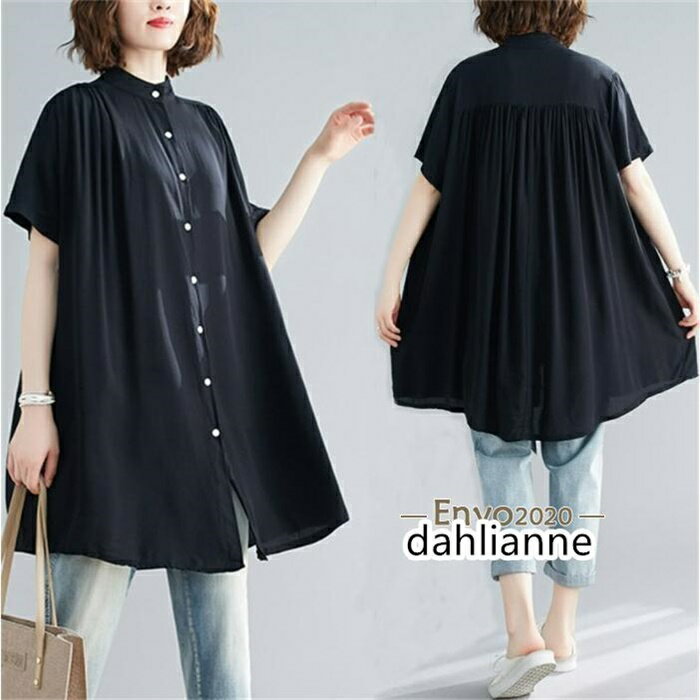 乐天商城 - チュニック シャツワンピース ロングシャツ レディース 半袖 春 夏 チュニックシャツ 大きいサイズ 無地 おしゃれ ロングワンピー Aライン 体型カバー 折襟
