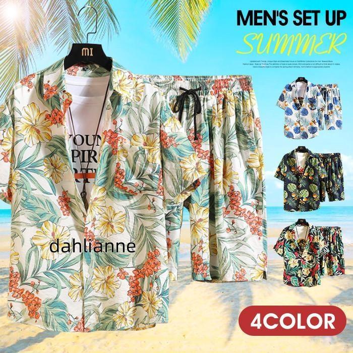 Rakuten - 上下セット メンズ セットアップ アロハシャツ 総柄シャツ ハーフパンツ 夏服 ビーチ 旅行 カジュアル 20代 30代 40代 50代