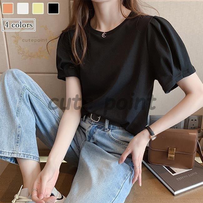 樂天商城 - 半袖Tシャツ レディース Tシャツ 夏 クルーネック 無地 Tシャツ ゆったり バルーンスリーブ 半袖 カットソー 女性 サマーTシャツ オフィス