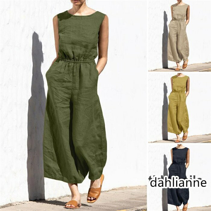 サロペット レディース 九分丈 ノースリーブ ロンパース ワイトパンツ オーバーオール 綿麻 涼しい ロング おしゃれ 無地 大きいサイズ オシャレ 着痩せ 可愛い