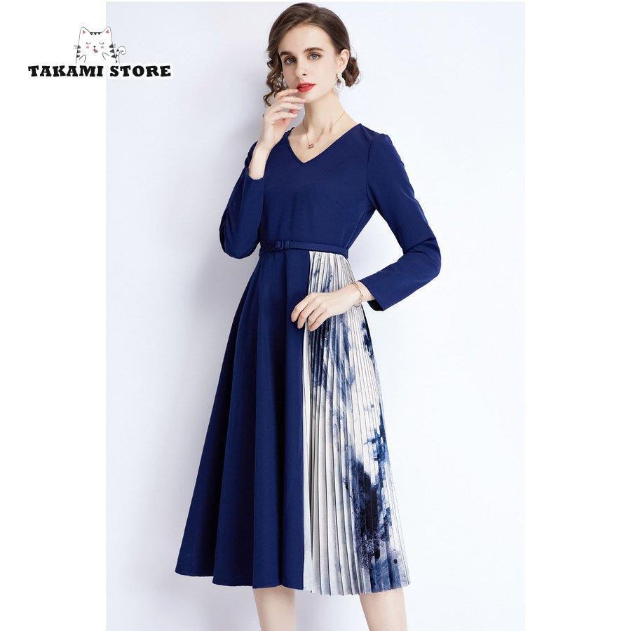 ワンピース レディース 春 秋物 40代 きれいめ フォーマル 膝丈 長袖 異素材 秋服 Aライン Vネック ロング プリーツ ハイウエスト 結婚式 通勤 OL 着痩せ