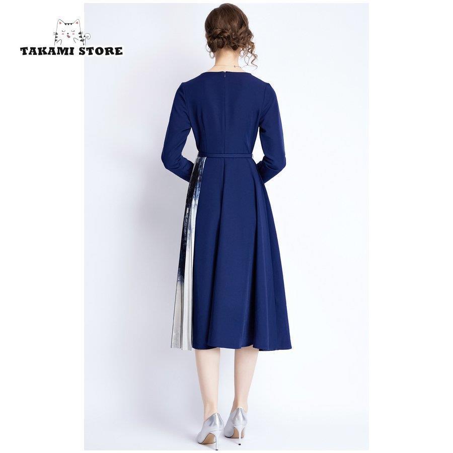 ワンピース レディース 春 秋物 40代 きれいめ フォーマル 膝丈 長袖 異素材 秋服 Aライン Vネック ロング プリーツ ハイウエスト 結婚式 通勤 OL 着痩せ
