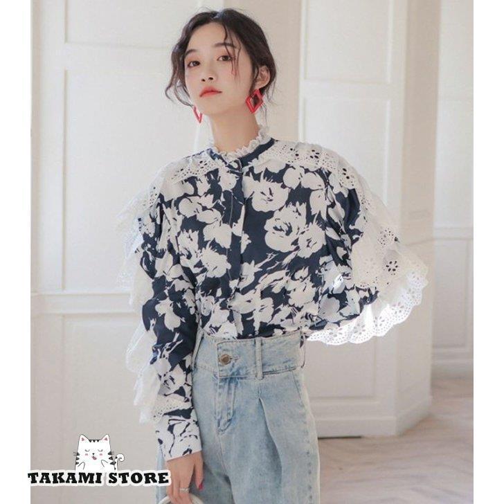 Rakuten - 花柄 ブラウス レディース 長袖 シャツブラウス 袖レース トップス 春 秋 スタンドカラーシャツ フリルネック フリル襟ブラウス カジュアル