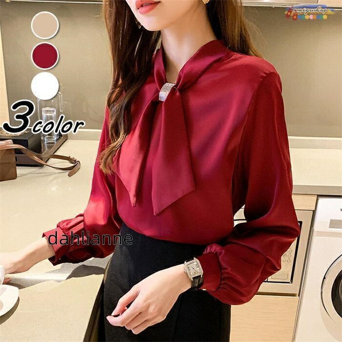Long-Sleeved - ブラウス レディース きれいめ 40代 春秋新作 オシャレブラウス シルク風シャツ 長袖トップス リボンVネックブラウス 大人 通勤 ゆったり シャツ30代 50代