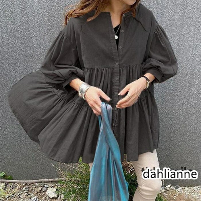 ブラウス レディース トップス ティアード ロング丈ノーカラー 春新作トップス ゆったり 7分丈 シンプル おしゃれ カジュアル オフィス 長袖 シャツ 母の日