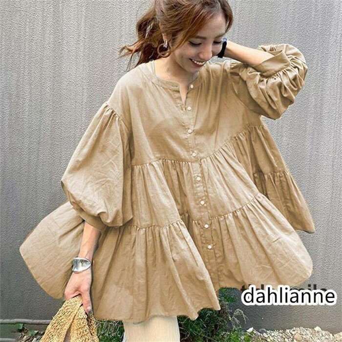 ブラウス レディース トップス ティアード ロング丈ノーカラー 春新作トップス ゆったり 7分丈 シンプル おしゃれ カジュアル オフィス 長袖 シャツ 母の日