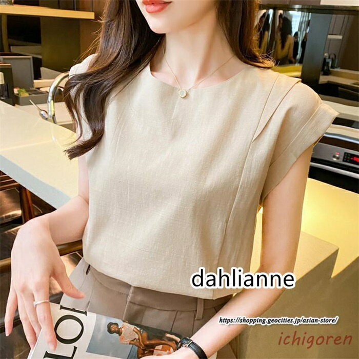 Sleeveless - 綿麻風シャツ ノースリーブ ブラウス 袖なし レディース トップス クールネック 夏服 通学通勤 無地 プルオーバー バックボタン 涼しい 白 黒 カーキ 仕事