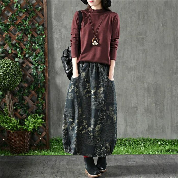 ランタンスカート デニムスカート マキシ丈スカート ユーズド加工 レディース バルーン 美脚 ウェストゴム付き カジュアル おしゃれ 体型カバー 秋 冬 40代 30代