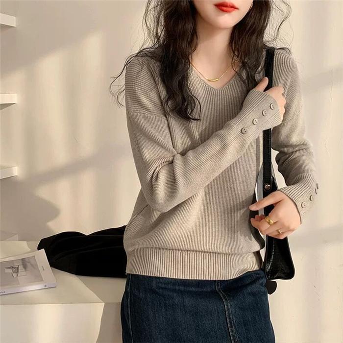 V-Neck - ニット セーター レディース 秋 冬 長袖 Vネック トップス キーネック 袖ボタン ゆったり 柔らかい 体型カバー 暖かい リブニット 大人 シルエット