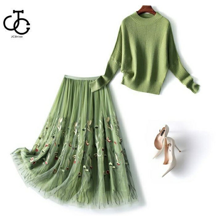 ニットセーター スカート 2点セット セットアップ Aラインスカート 刺繍 花柄 ドルマンスリーブ ニットドルマン トップス ボトムス レディース