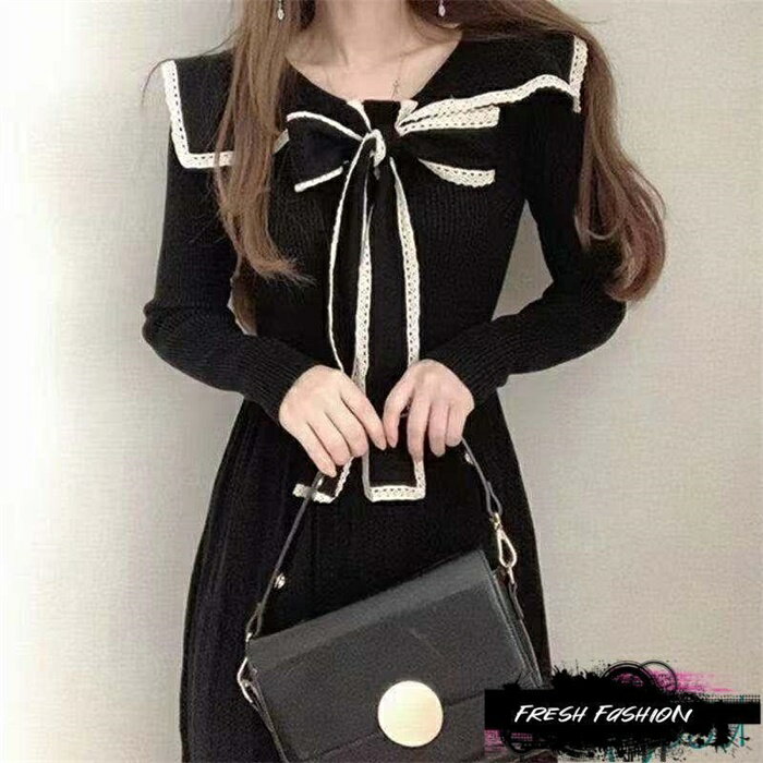 辰の世界のワンピース ニット 秋服 冬 春 ロング丈 セーター レディース 長袖 カジュアル 可愛い Aライン キレイめ プリーツ 蝶結び ハイウエスト おしゃれ 着痩せ 通勤 OL｜アングル2