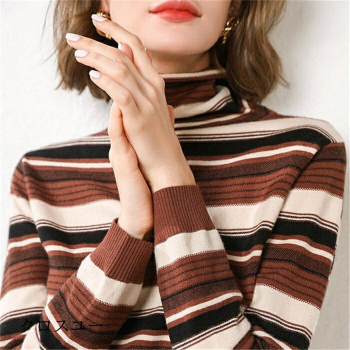 Turtleneck - ハイネックニット レディース タートルネックセーター ボーダー トップス プルオーバー 長袖 大人 カジュアル 秋冬