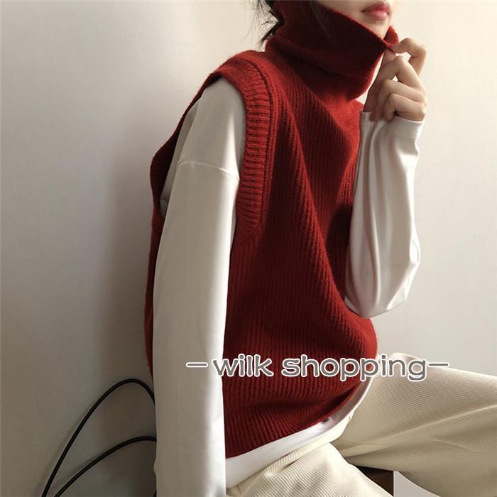 Turtleneck - ニットベスト レディース ニット ベスト ハイネック 無地 プルオーバー 秋 冬 セーター ニットセーター ノースリーブ 袖なし トップス タートルネック