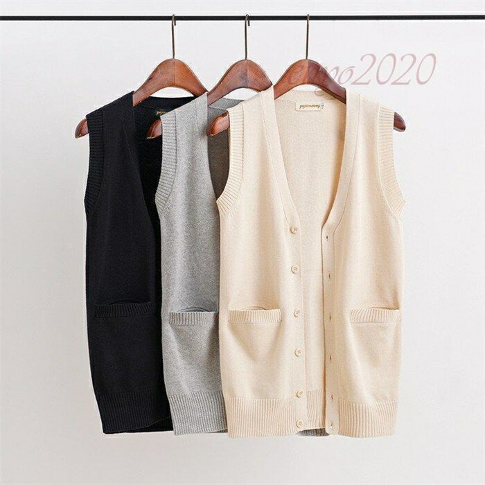 V-Neck - ベスト レディース トップス ニット 綿 無地 前開き 女子高生制服 Vネック セーター カーデ オフィス 衣装 学生服 学生