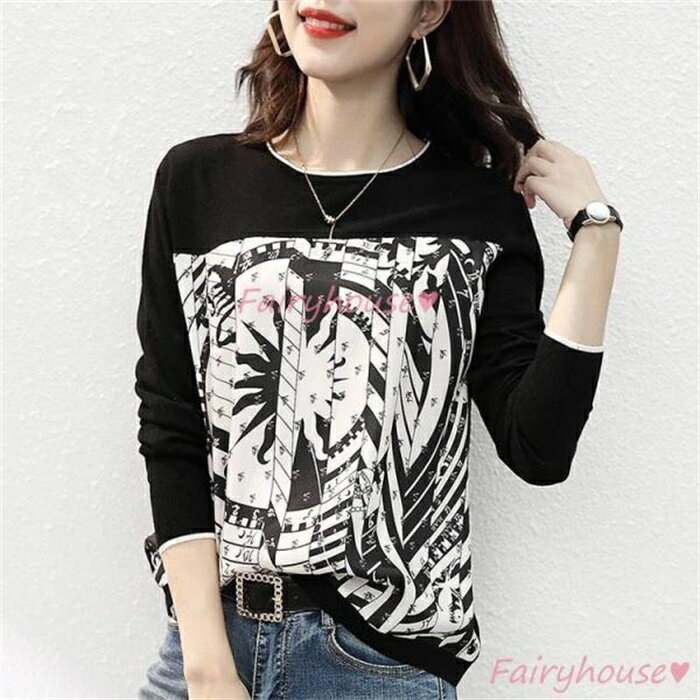 V-Neck - ニットトップス レディース秋服 40代 長袖 ニットトップス プリント シフォン切り替えセーター vネック ショット丈ニットソー ゆったりプルオーバー おしゃれ