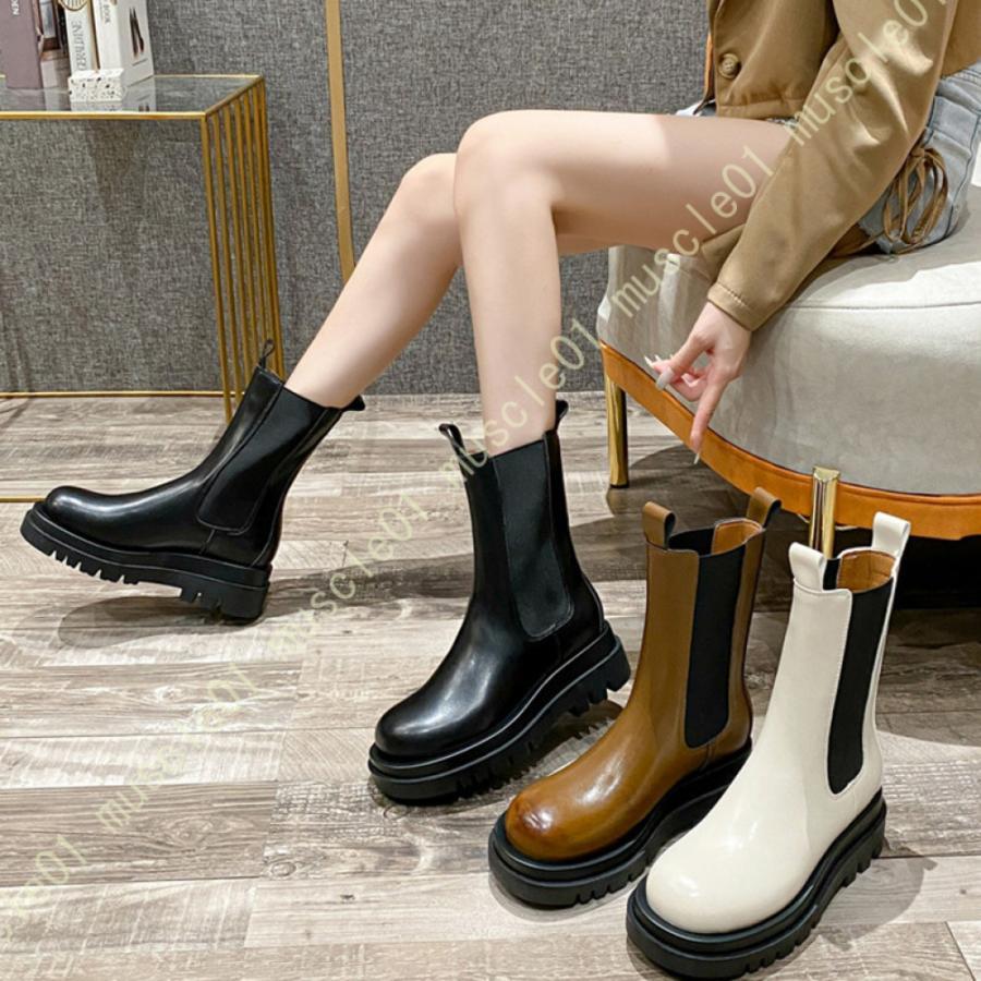 ブーツ ミドル丈 チェルシーブーツ レディース サイドゴア 本革 秋冬靴 厚底靴 ラウンドトゥ 身長アップ 脚長効果 冬 秋 厚底 美脚 おしゃれ 滑り止め