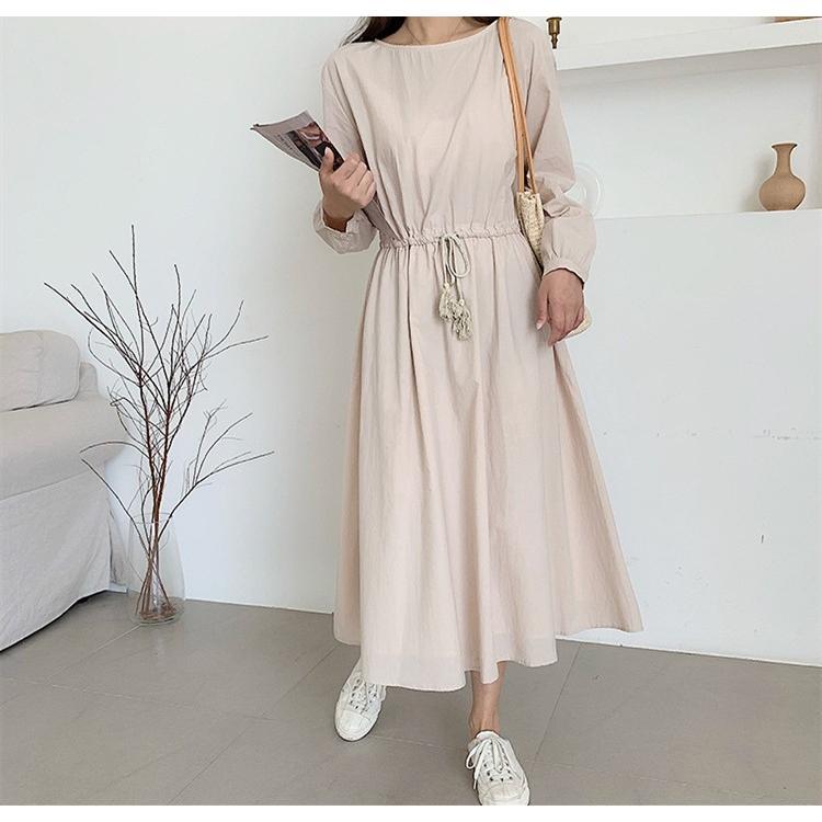 ロングワンピース 長袖 春 秋 コットン ゆったり 無地 ベルト付き 体型カバー Aライン おしゃれ ママワンピース 上品 大人 30代 40代 50代 韓国風