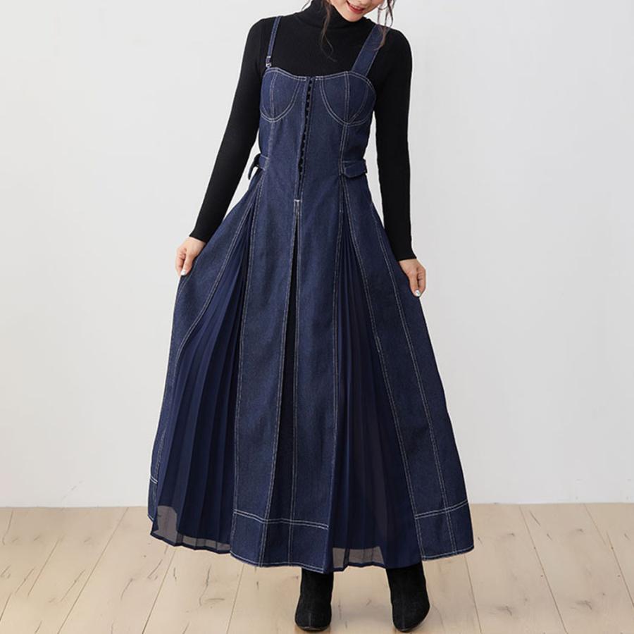 Rakuten - サロペットワンピース レディース タンクワンピース デニム ミモレ丈 ノースリーブ 体型カバー プリーツスカート 着痩せ 春 夏 大きいサイズ ゆったり きれい