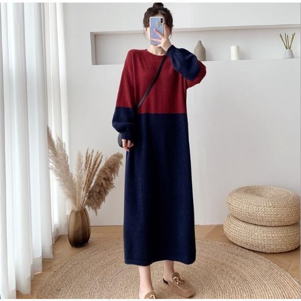 ニットワンピース ニット ワンピース レディース 秋 冬 丸首 無地 長袖 厚手 ゆったり 切り替え プリーツ ロングワンピース セーターワンピース 上品