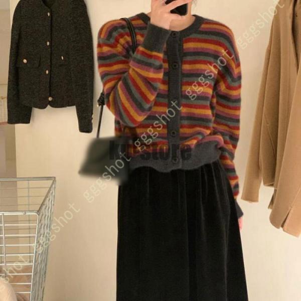Rakuten - セーター レディース ショートカーディガン ストライプ柄 長袖 かわいい ニット ファッション おしゃれ トップス 着痩せ 肌触り良い カジュアル きれいめ