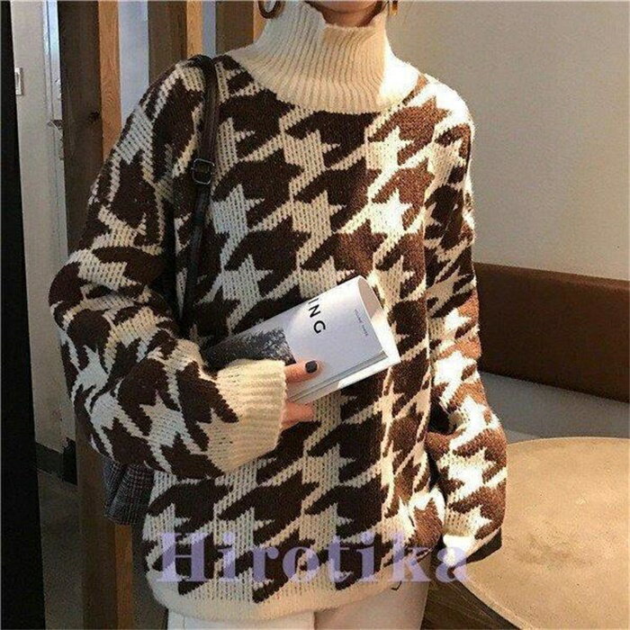 Long-Sleeved Knit - ニットセーター　レディース　トップス　チュニック　ハイネック　千鳥　お洒落　春秋　薄手