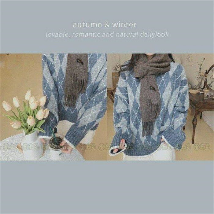 ニットセーター レディース 40代 秋冬 セーター 丸首 トップス 長袖 ニットソー チェック柄セーター 韓国風 学生ニット ゆったり セーター30代/50代