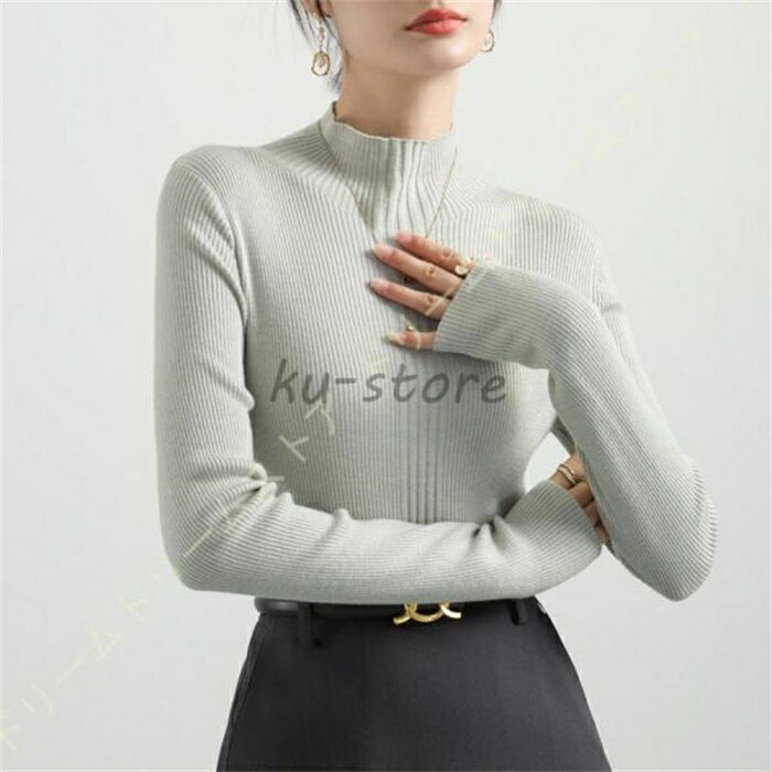 Turtleneck - ニットセーター レディース トップス カットソー セーター 秋冬 長袖 無地 カジュアル ゆったり ニットソー ニット タートルネック リブ ストレッチ
