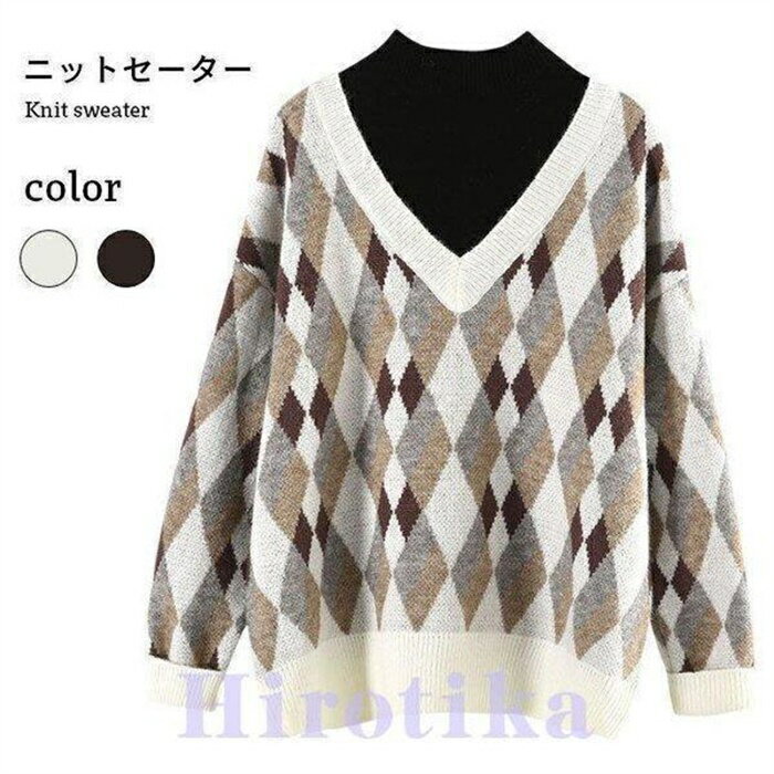 Turtleneck - 切り替えセーター レディース ニットセーター セーター リブニット ニットトップス 切り替え 菱形 ハイネック 長袖 フェイクレイヤード