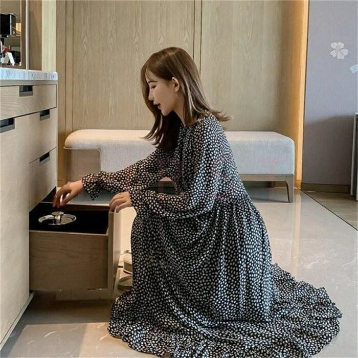 ワンピース ドレス レディース 春秋 マキシ丈 長袖 ドット柄 リボンネック ロング丈ワンピース きれいめ 韓国風 結婚式 着痩せ オシャレ