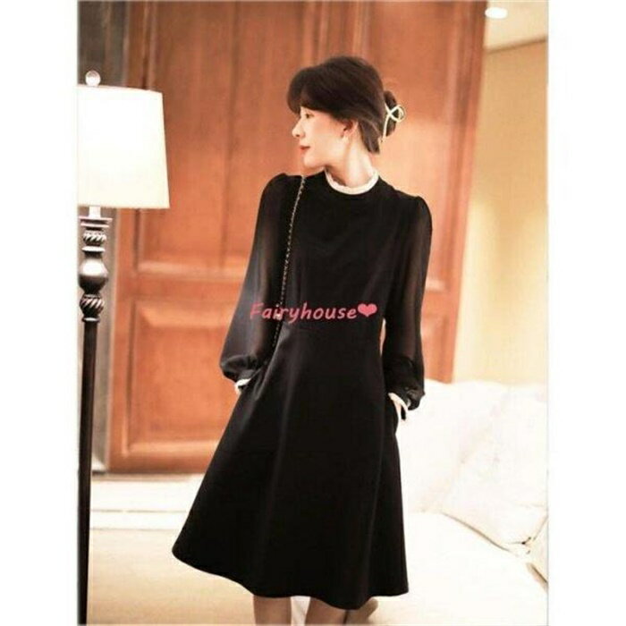 ワンピースレディース 40代 きれいめ 膝丈ワンピース 春秋 長袖ワンピース パフスリーブ 黒シフォンスカートAライン オシャレ大人 着痩せドレス ゆったり30代