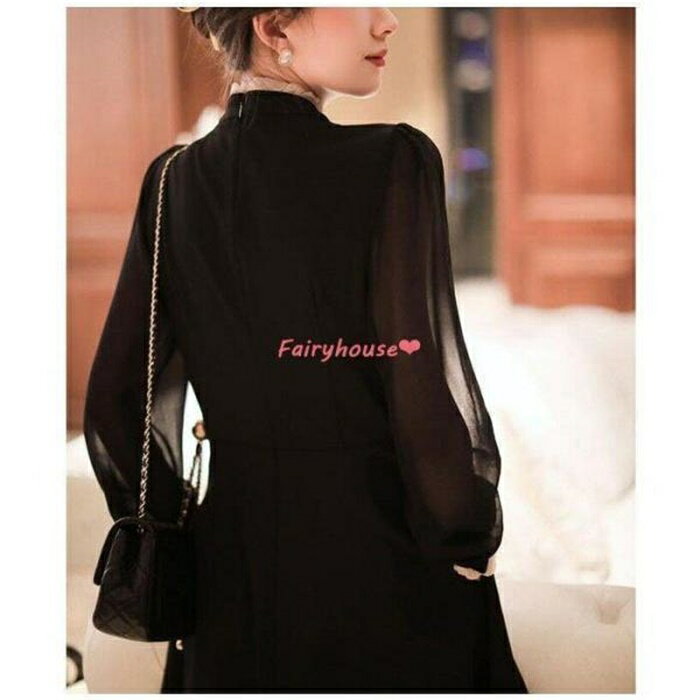 ワンピースレディース 40代 きれいめ 膝丈ワンピース 春秋 長袖ワンピース パフスリーブ 黒シフォンスカートAライン オシャレ大人 着痩せドレス ゆったり30代