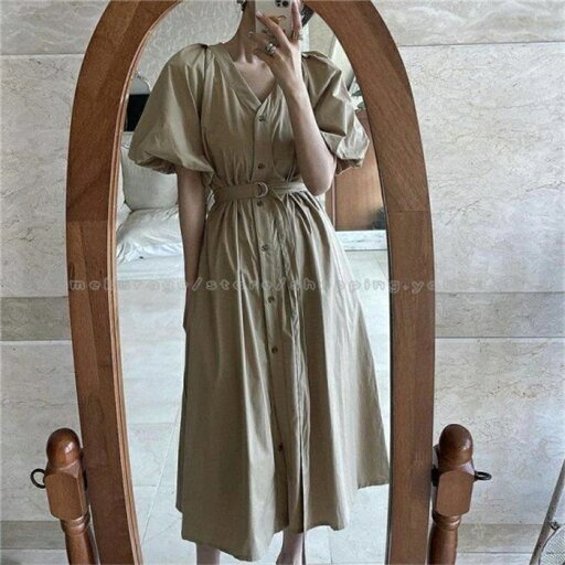 ワンピース レディース ロングワンピース キレイめ 春 秋 Vネック パフ袖ワンピース リボン Aライン 体型カバー 着痩せ ワンピース レディース ロングワンピース キレイめ 春 秋 Vネック パフ袖ワンピース リボン Aライン 体型カバー 着痩せ