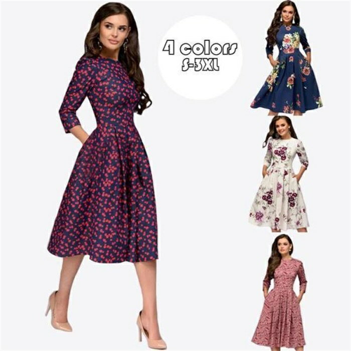 ワンピース レディース aラインワンピース ドレス 春秋 七分袖 花柄 プリント 丸い襟 パーティードレス ミディ丈 オシャレ 通勤 大人 OL 上品 着痩せ レトロ