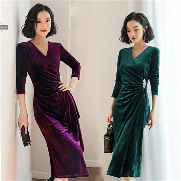 樂天商城 - 2色ワンピース レデース 秋 ドレス ロング丈Vネック 結婚式ワンピース 長袖ベロア Aライン 着やせ フォーマル 上品 大人通勤 おしゃれ お呼ばれ パーテー